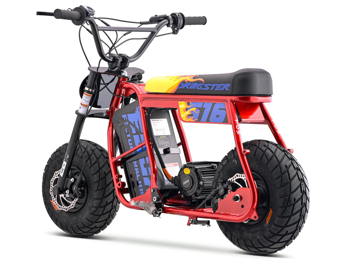 Red Emoto Stomp Ebox Dragster 60R electric pit bike displayed in a showroom, side view, with branding and model details visible.