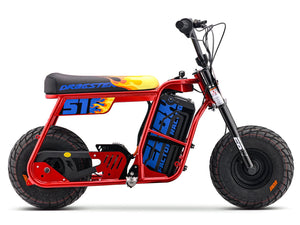 Red Emoto Stomp Ebox Dragster 60R electric pit bike displayed in a showroom, side view, with branding and model details visible.