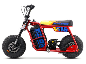 Red Emoto Stomp Ebox Dragster 60R electric pit bike displayed in a showroom, side view, with visible branding and sporty design.