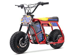 Red Emoto Stomp Ebox Dragster 60R electric pit bike displayed in a showroom with "Ebox" branding visible.