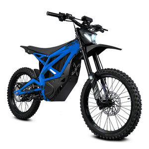 eMOTO Strike SRPNT X3 electric motorcycle in Midnight Blue, side view, parked on a white background
