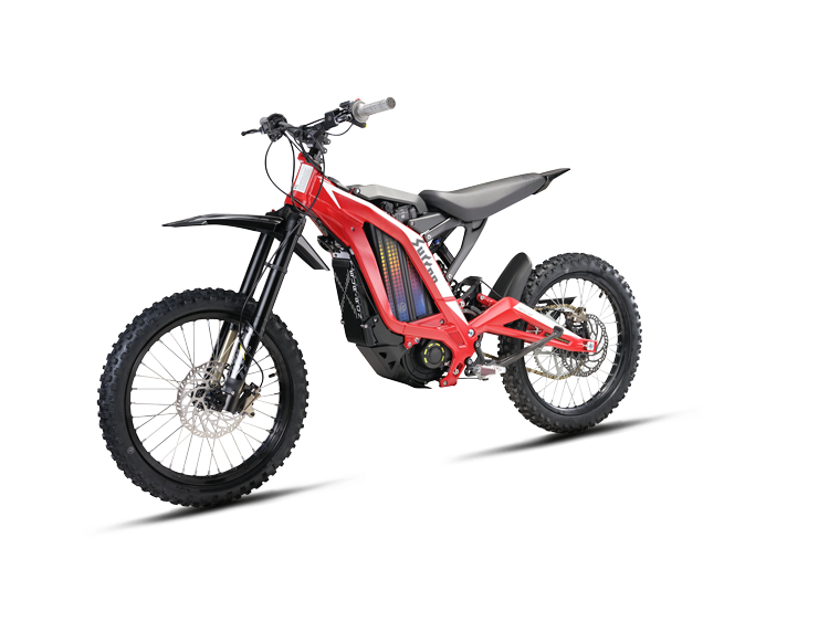 Red eMOTO Surron Light Bee S electric dirt bike, side view, on a white background
