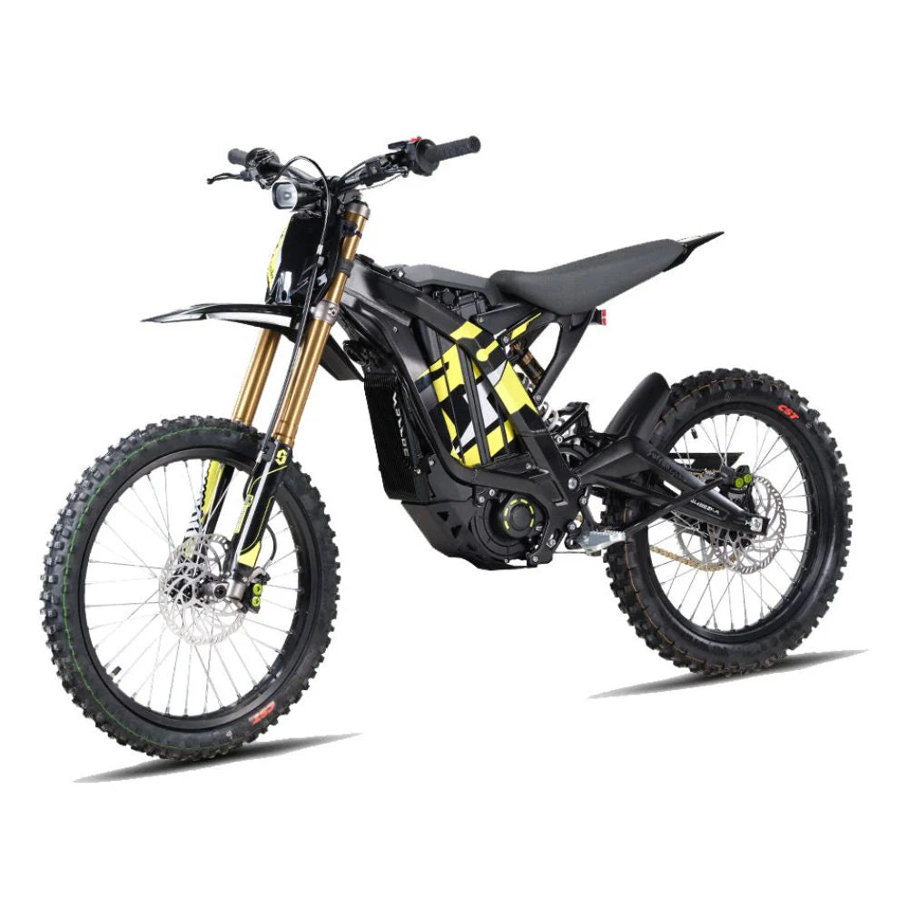 Black Surron Light Bee X electric dirt bike, side view, on a white background