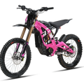 Pink eMOTO Surron Light Bee X electric dirt bike, side view, on a white background