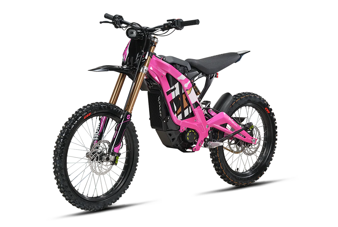 Pink eMOTO Surron Light Bee X electric dirt bike, side view, on a white background