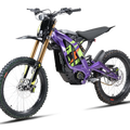 Purple eMOTO Surron Light Bee X electric dirt bike, side view, on a white background