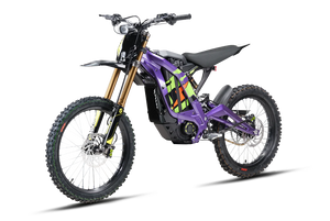 Purple eMOTO Surron Light Bee X electric dirt bike, side view, on a white background