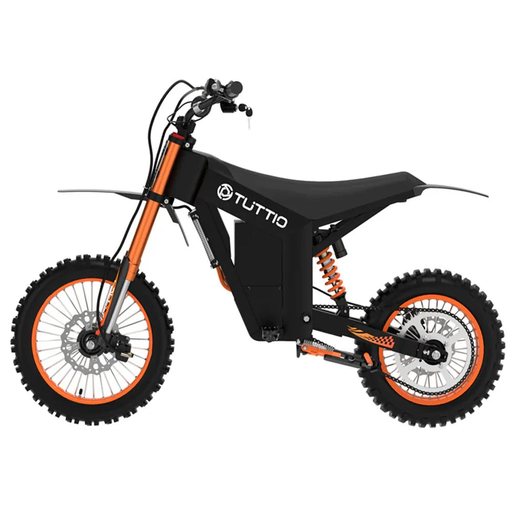 eMOTO TUTTIO Soleil01-48v 2000W mini electric dirt bike in black and yellow, side view, on a white background