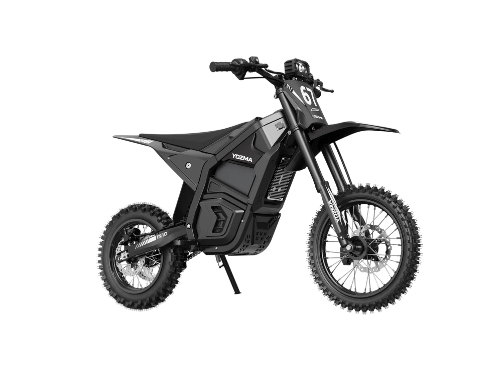 Black eMOTO Yozma IN 10 electric scooter, side view, against a white background