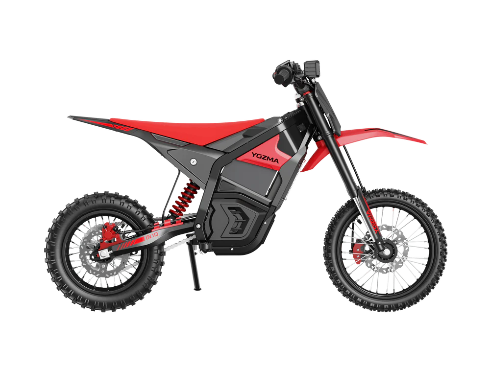 Red eMOTO Yozma IN 10 electric scooter, side view, on a white background