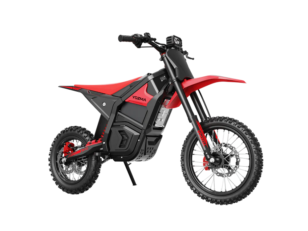 Red eMOTO Yozma IN 10 electric scooter, side view, showcasing sleek design and black wheels