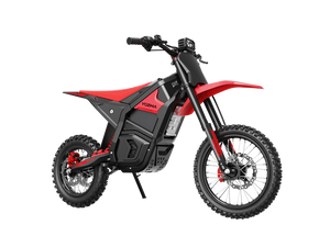 Red eMOTO Yozma IN 10 electric scooter, side view, showcasing sleek design and black wheels