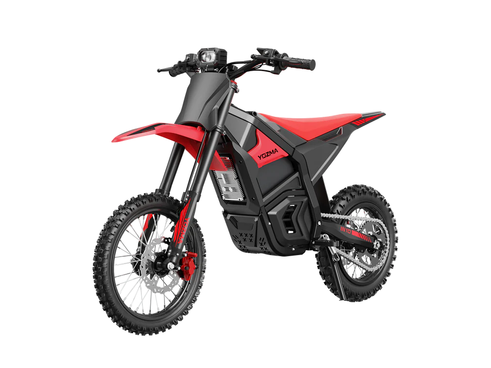 Red eMOTO Yozma IN 10 electric scooter, side view, showcasing sleek design and black wheels