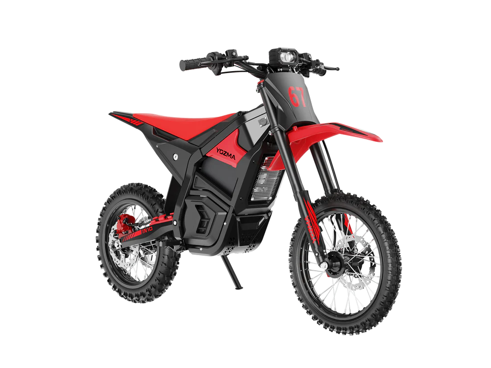 Red eMOTO Yozma IN 10 electric scooter, side view, showcasing sleek design and black wheels