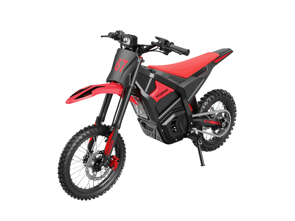 Red eMOTO Yozma IN 10 electric scooter, side view, showcasing sleek design and black wheels