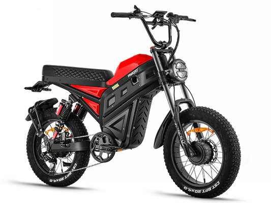 Red eMOTO Freesky Cheetah MT 380 electric bike, side view, on a white background