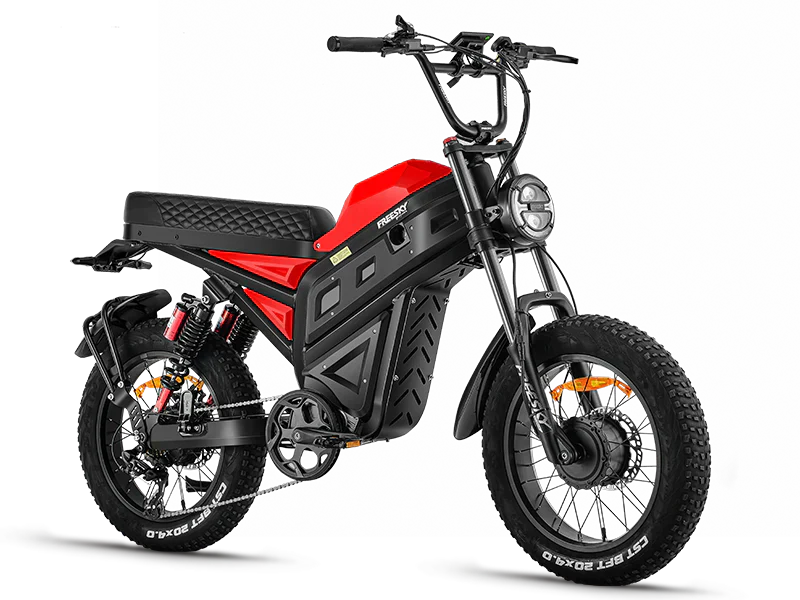 Red eMOTO Freesky Cheetah MT 380 electric bike, side view, on a white background