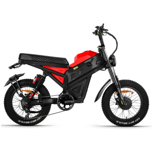 Red eMOTO Freesky Cheetah MT 380 electric bike, side view, displayed on a white background