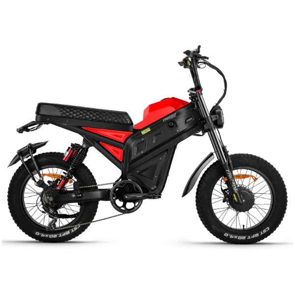Red eMOTO Freesky Cheetah MT 380 electric bike, side view, displayed on a white background