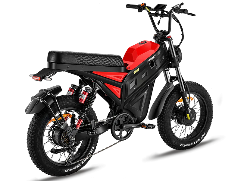 Red eMOTO Freesky Cheetah MT 380 electric bike side view against a plain background