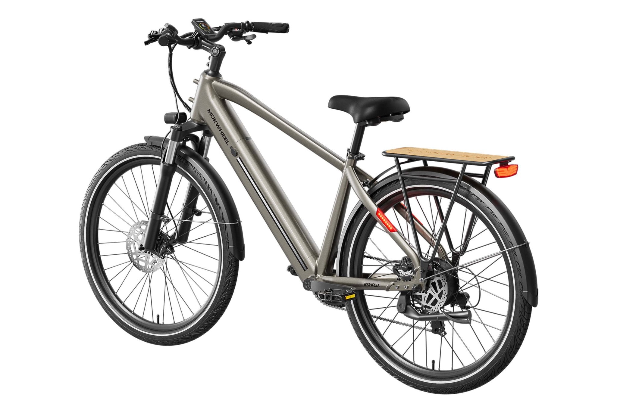 A black MOKWHEEL Asphalt 2.0 eBike with a step-through frame, front suspension fork, rear rack, and wide tires, displayed on a white background.