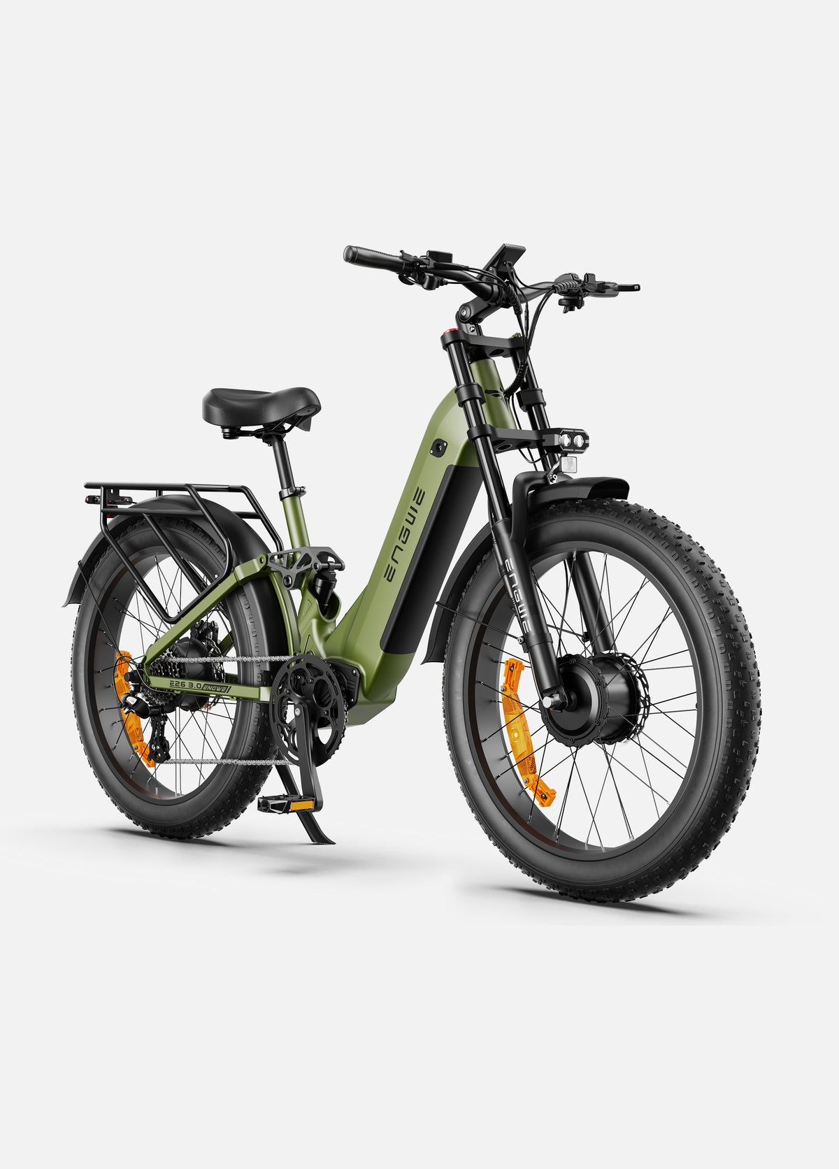 ENGWE E26 3.0 electric bike in army green color, side view, displayed on a white background