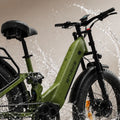 ENGWE E26 3.0 electric bike in a side view, showcasing its sturdy frame, large tires, front suspension fork, and integrated battery, set against a neutral background.