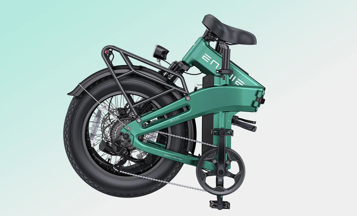 ENGWE EP-2 3.0 electric bike in matte black, shown from a side angle with fat tires, front suspension fork, rear rack, and folded pedals, displayed on a white background.