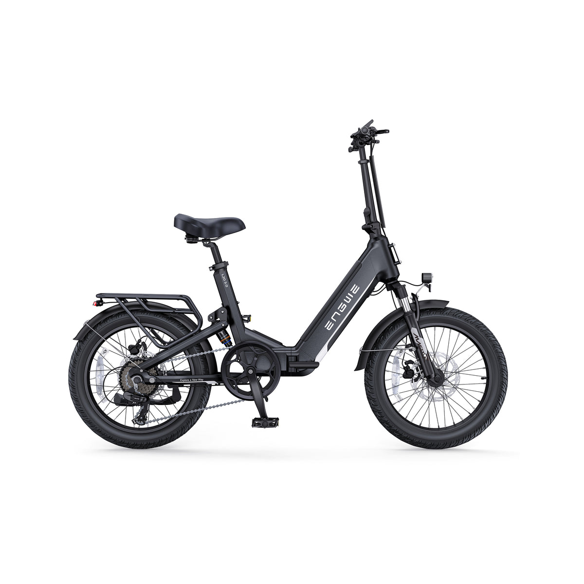 Black ENGWE L20 3.0 electric bike side view, showcasing its sturdy frame, front basket, and fat tires against a plain background.