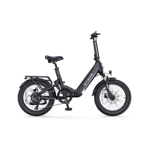 Black ENGWE L20 3.0 electric bike side view, showcasing its sturdy frame, front basket, and fat tires against a plain background.
