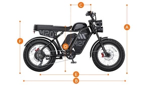Engwe M20 3.0 electric bike size guide chart showing recommended rider heights, bike dimensions, and frame measurements