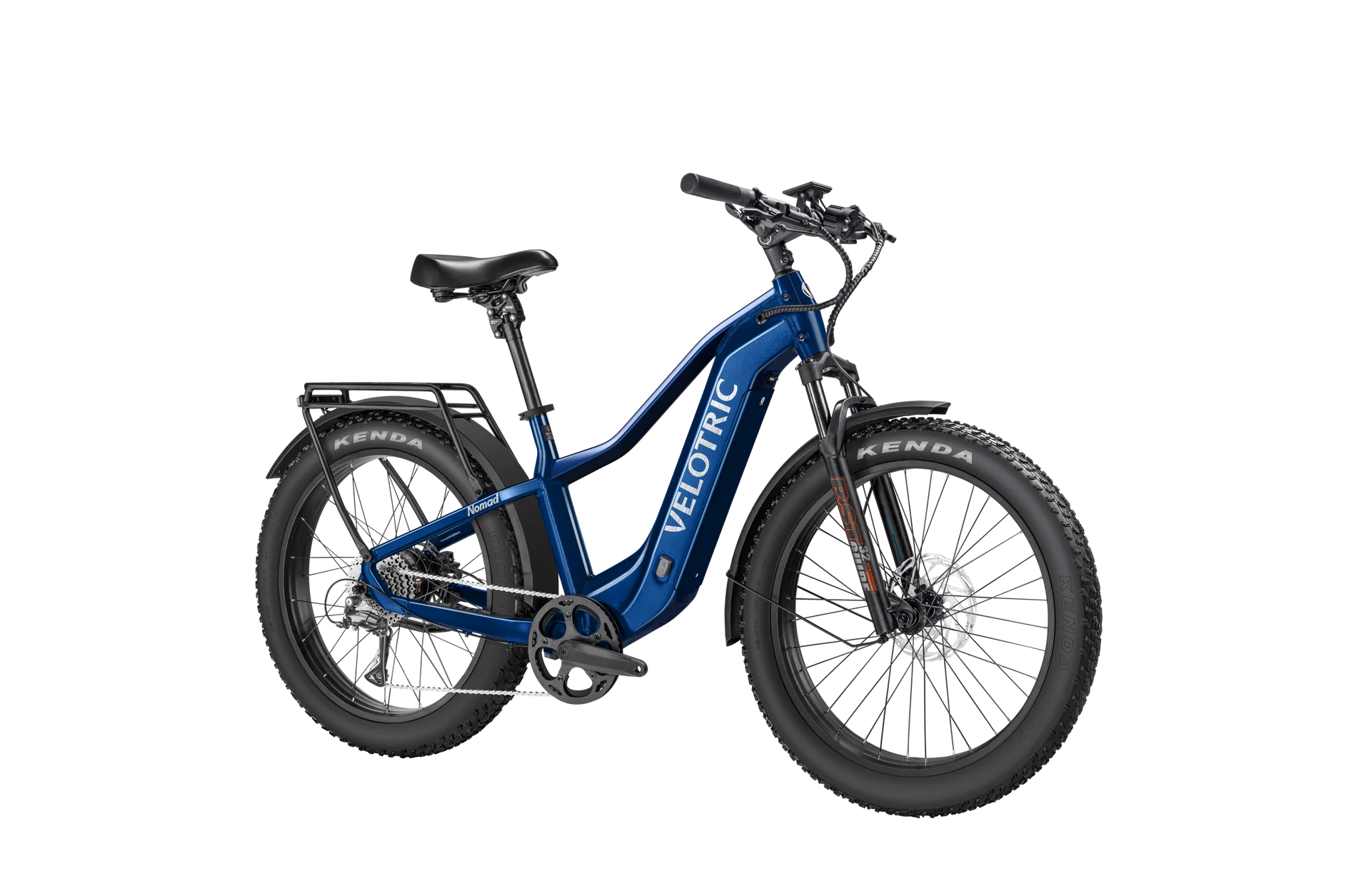 Velotric Nomad 2 eBike in Midnight Blue, high-step frame, side view, product image