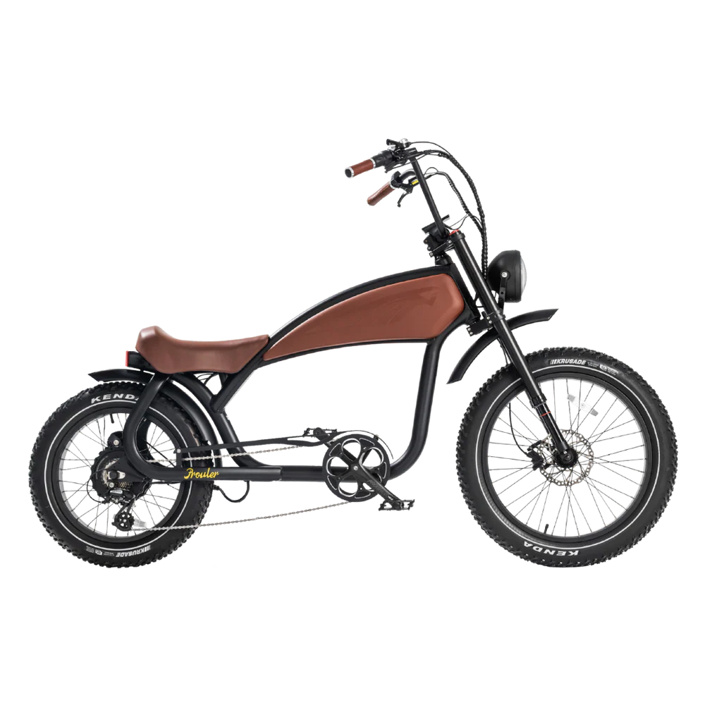 Brown eBike Revi Prowler electric bicycle side view with black tires and saddle, displayed on a white background.