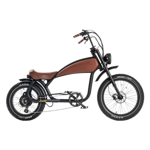 Brown eBike Revi Prowler electric bicycle side view with black tires and saddle, displayed on a white background.