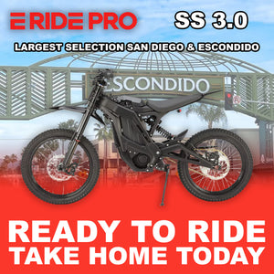 Black ERidePro SS3 eMOTO electric motorcycle, side view, sleek design, rugged tires, modern frame, suitable for off-road and urban riding.
