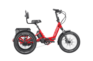 A cherry crimson Velotric Triker eTrike shown from the side, highlighting its three-wheel design and modern frame.