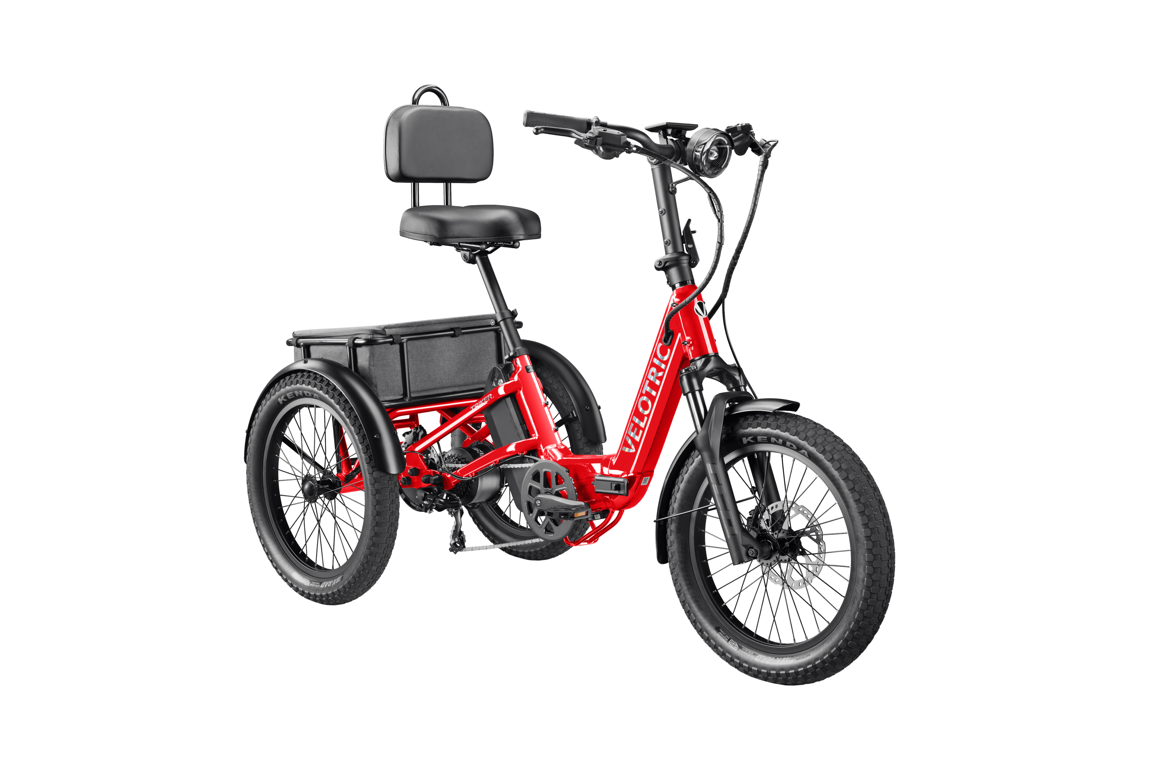 A cherry crimson Velotric Triker eTrike with three wheels, shown in a product image against a plain background.