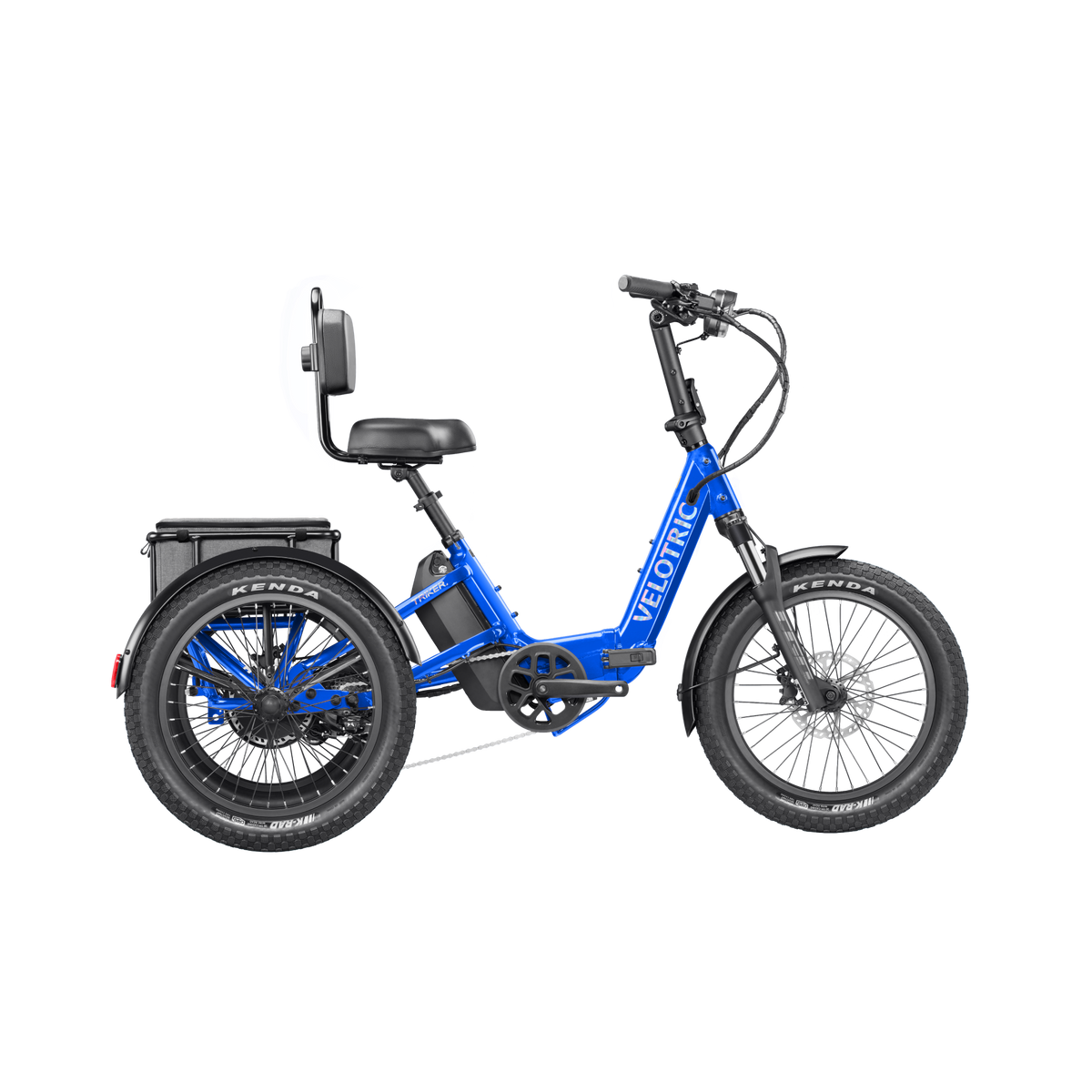 Electric blue Velotric Triker eTrike, side view, showing three wheels and modern frame design