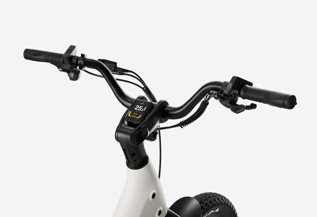 Side view of the Urtopia Carbon Joy Ultra eBike in Creme color, showcasing its sleek carbon frame, integrated battery, and modern design against a plain background.