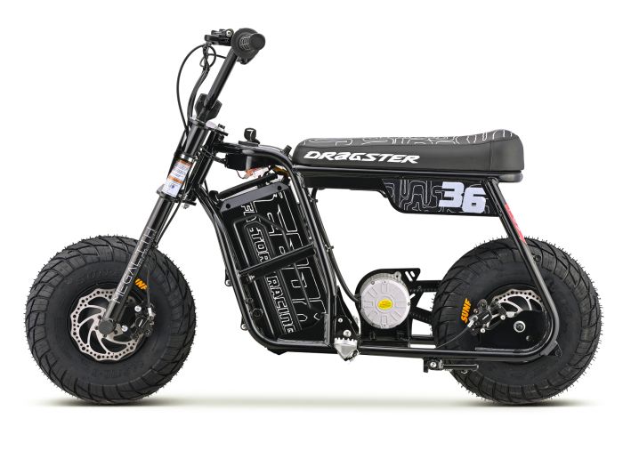 Black eMOTO EBOX Dragster electric bike, side view, against a white background