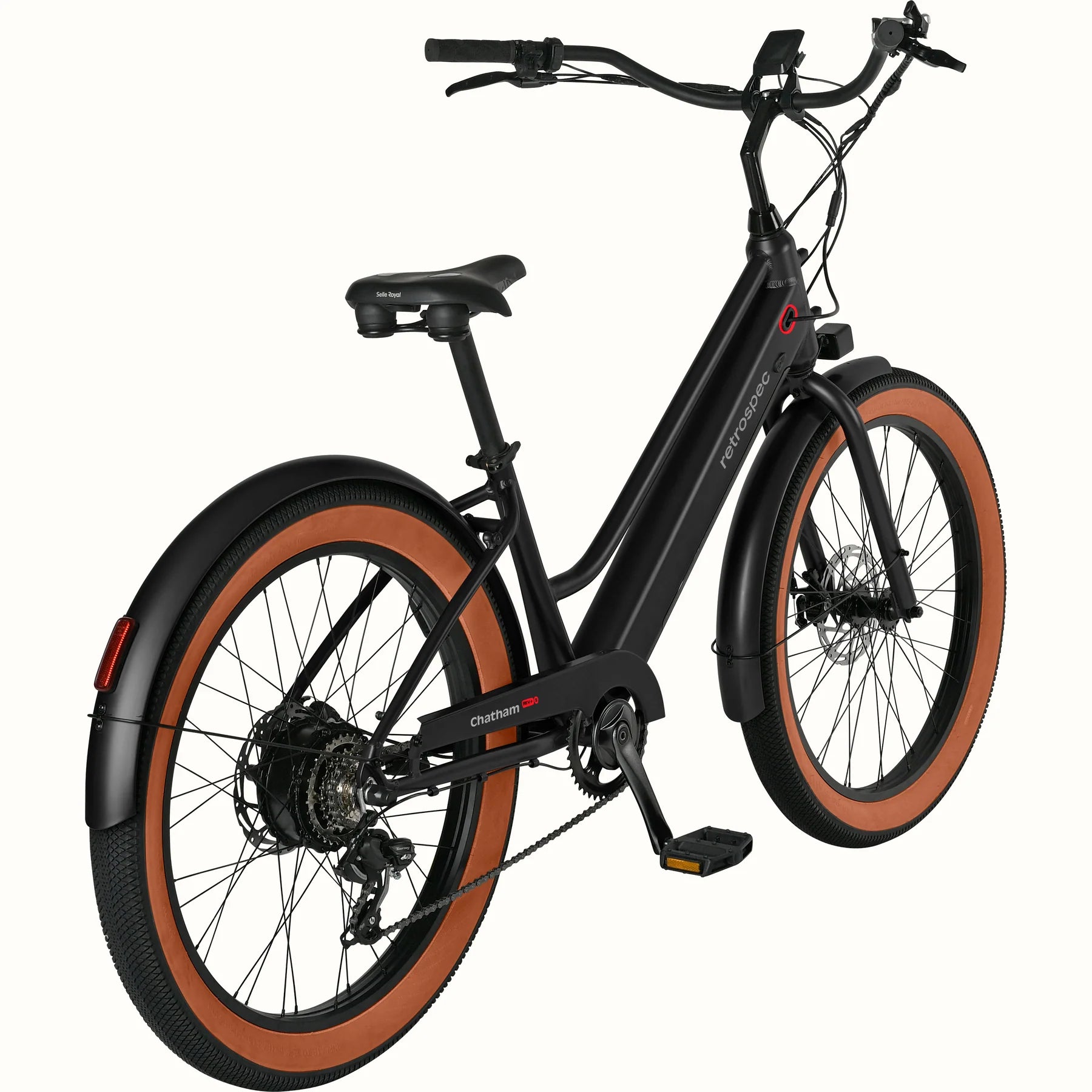 Matte black Retrospec Chatham Rev Plus 2 step-through eBike, side view, against a plain background