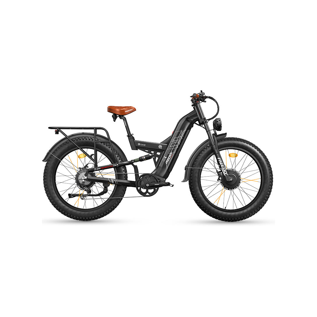 Black Freesky Warrior Ultra M-530 electric bike, side view, showcasing sturdy frame, fat tires, and front suspension.