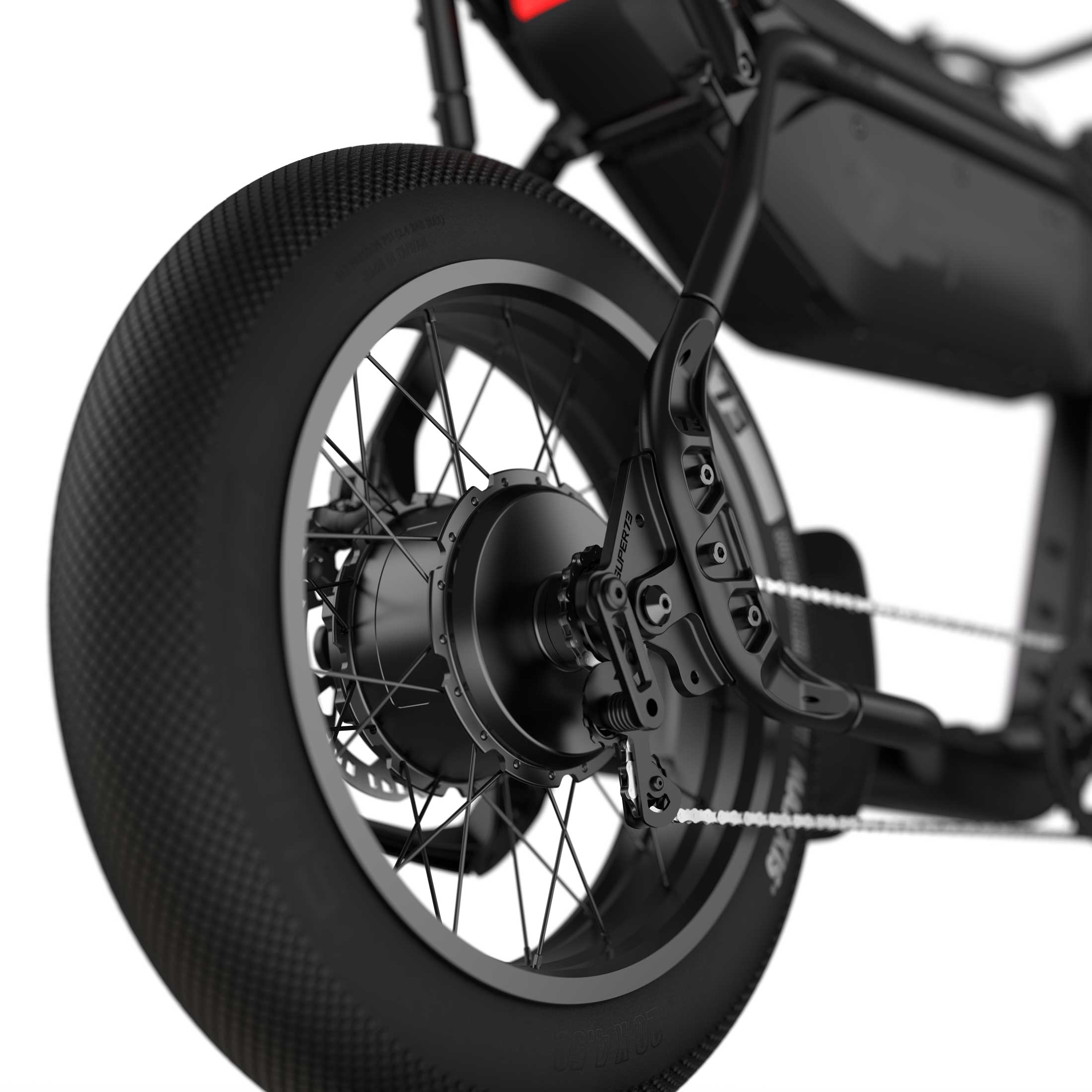 Side view of a Super73 B1G SE eMOTO eBike in a showroom, featuring a black frame, thick tires, and a minimalist design, available for in-store pickup only.