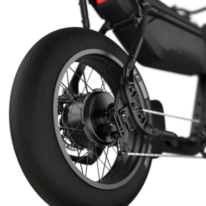 Side view of a Super73 B1G SE eMOTO eBike in a showroom, featuring a black frame, thick tires, and a minimalist design, available for in-store pickup only.