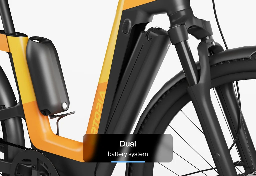 Side view of the Urtopia Carbon Fusion Pro eBike in Vital Orange, showcasing its sleek carbon frame, integrated battery, and modern design against a plain background.