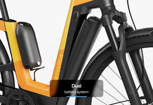 Side view of the Urtopia Carbon Fusion Pro eBike in Vital Orange, showcasing its sleek carbon frame, integrated battery, and modern design against a plain background.