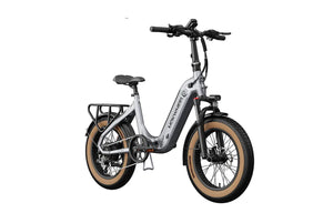 Grey MOKWHEEL Slate 500W step-thru folding electric bike with 20x3 road tires, shown from the side