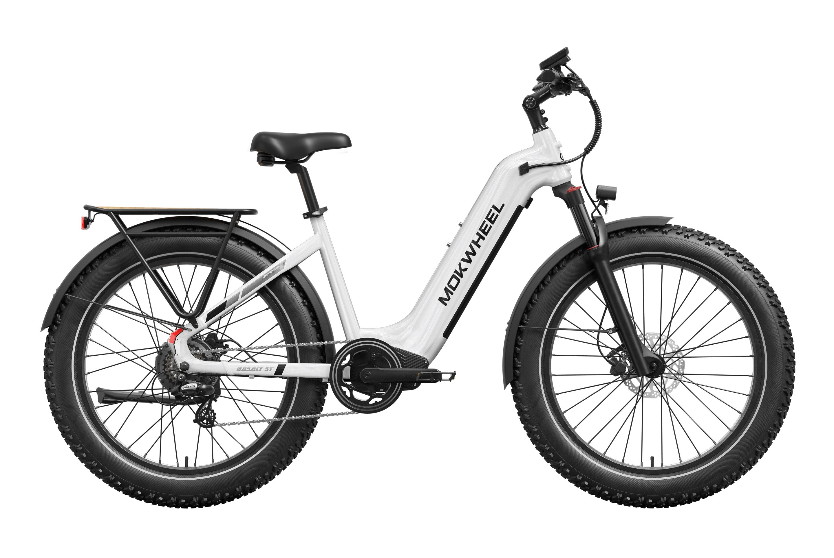 White Mokwheel Basalt 2.0 Step Thru electric bike, side view, against a plain background
