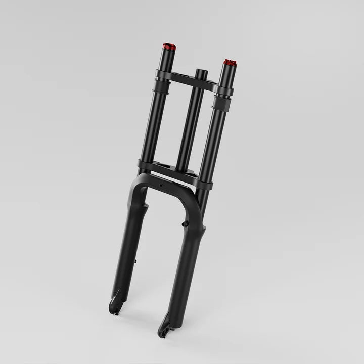 Front view of the Super73 Z Miami fork, showcasing its black finish and sturdy construction against a white background.