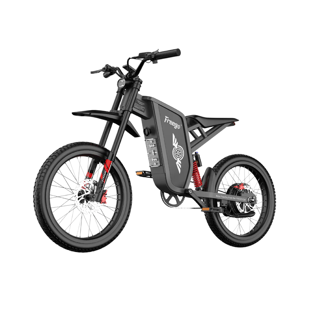 Side view of the Freego X1 SE electric scooter showing its sleek black frame, large wheels, and foldable design.